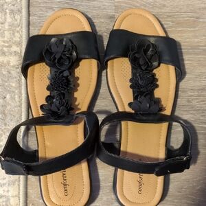 Comfortview Size 12W Women's Black Floral T-Strap Comfort Sandals